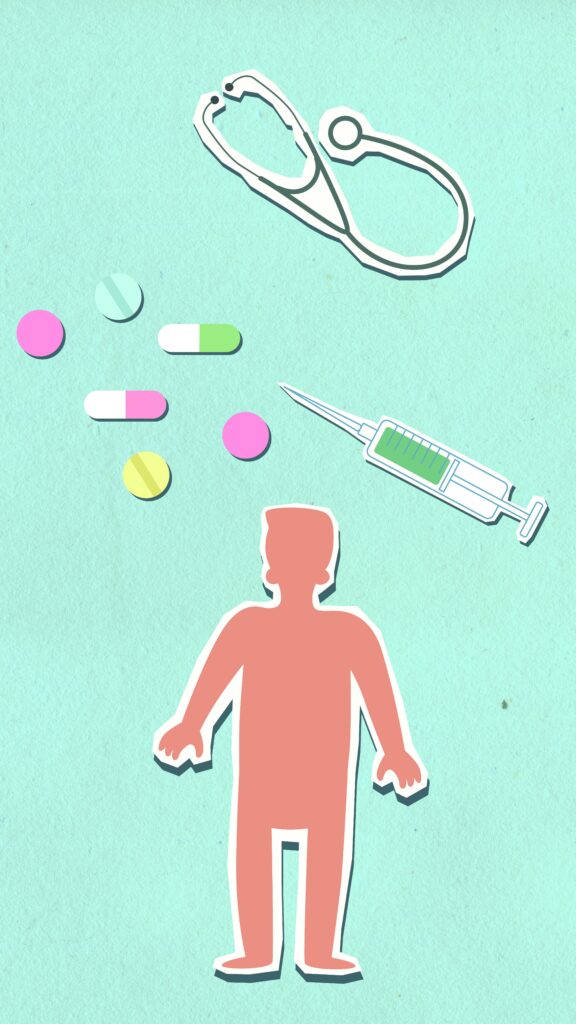 Decorative cardboard appliques of sick human figure under pills and capsules near syringe and stethoscope on green background